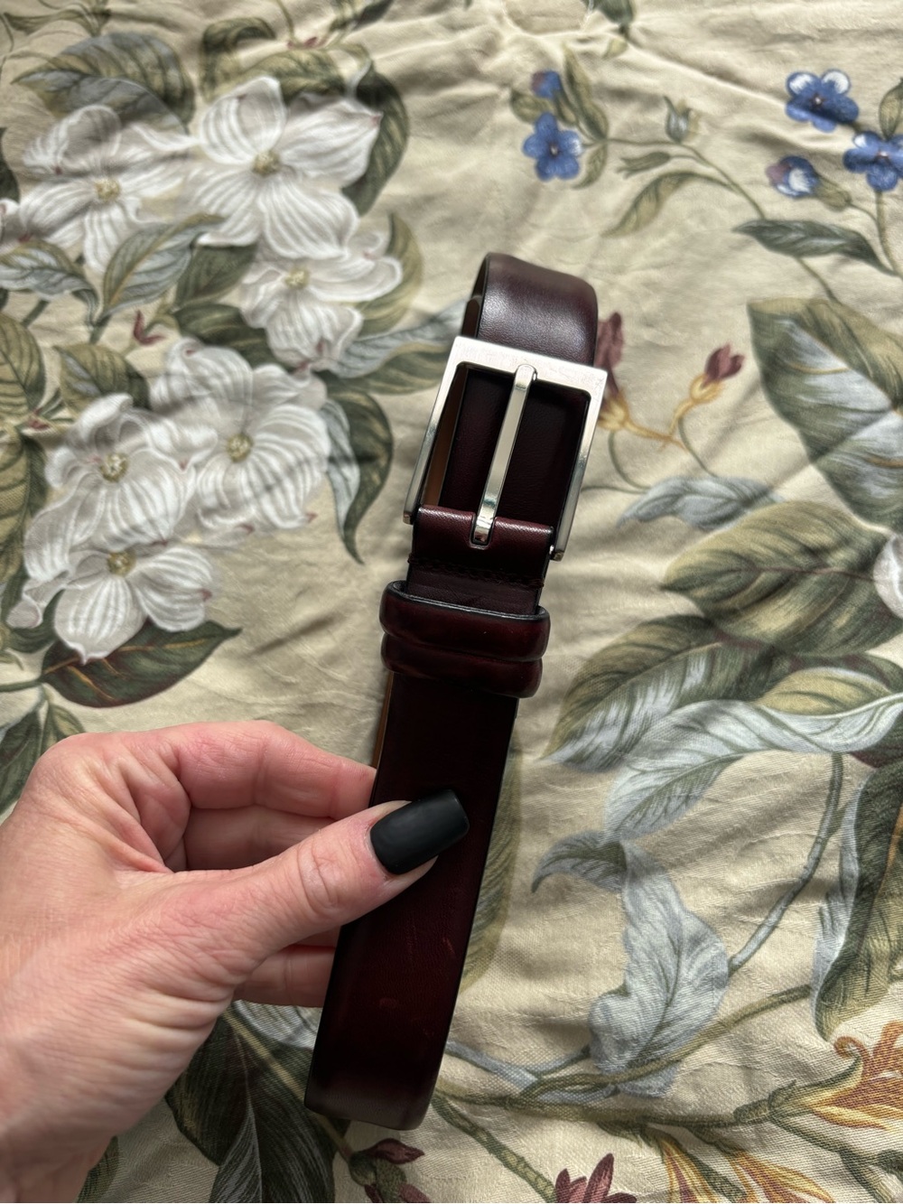 Men's Leather Dress Belt in Burgundy with Silver Buckle